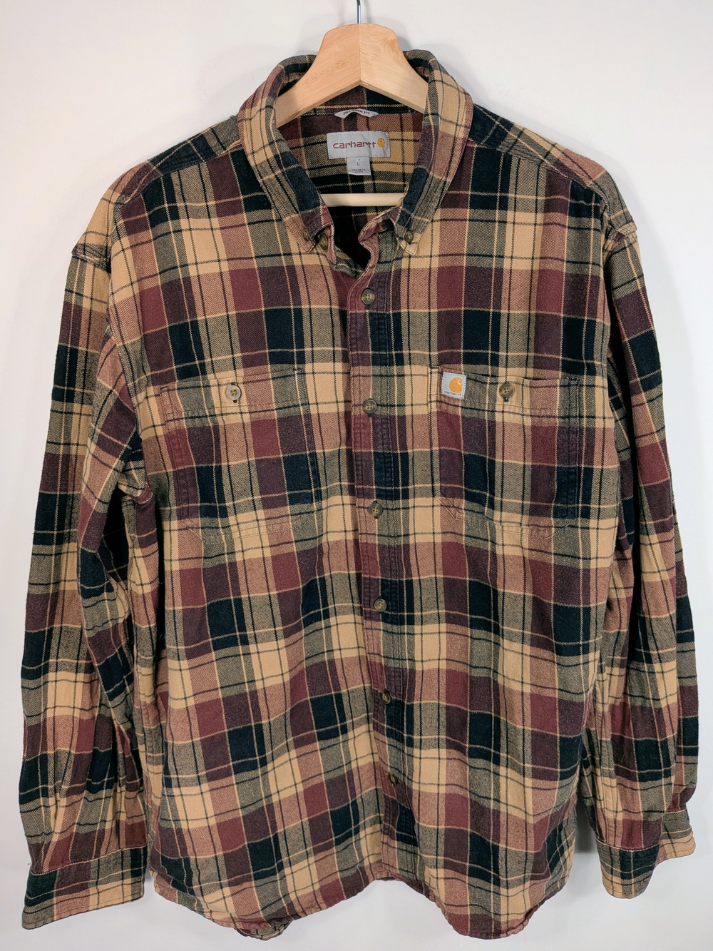 Carhartt Trumbull Plaid Flannel Shirt Men's Large Relaxed Fit Burgundy Brown